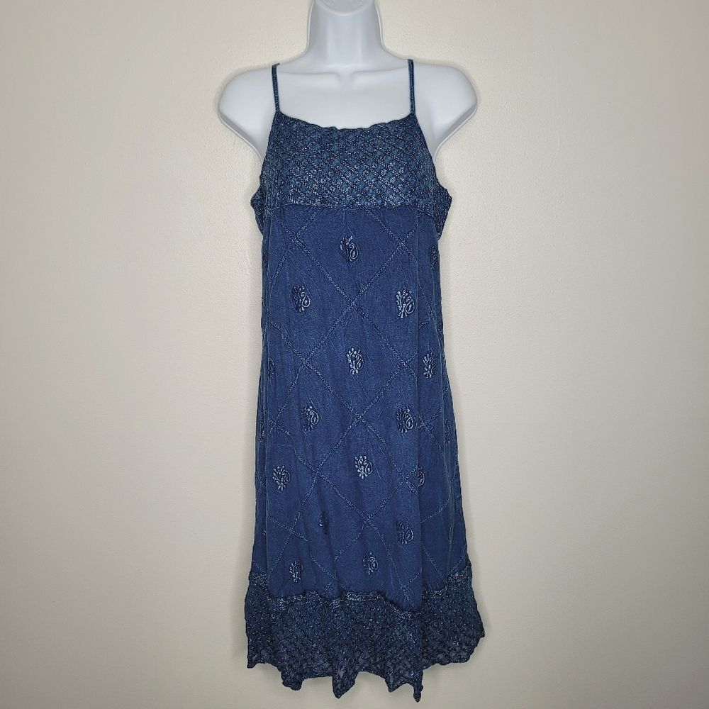 Blue chambray embroidered spaghetti straps western smocked back dress Free Size